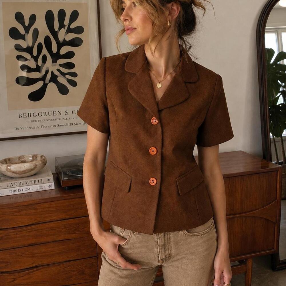 ZAZIE Chocolate Brown Short Sleeve Tailored Blazer Fitted Y2K M